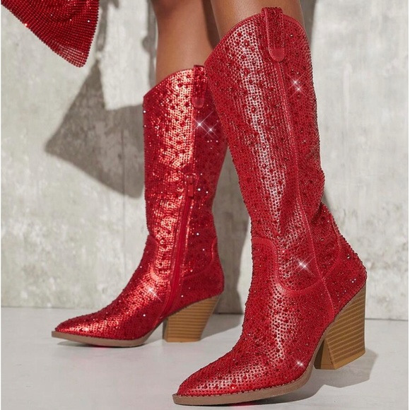 Forever 21 | Shoes | Forever River Ii Ruby Red Rhinestone Tall Cowboy ...